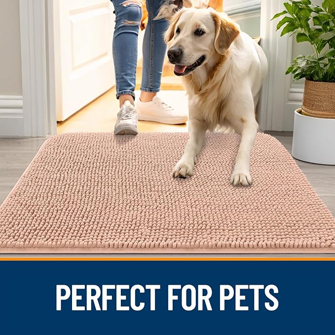 OLANLY Dog Door Mat for Muddy Paws 30x20, Absorbs Moisture and Dirt, Absorbent Non-Slip Washable Doormat, Quick Dry Chenille Mud Mat for Dogs, Entry Indoor Entryway Carpet for Inside Floor, Peach