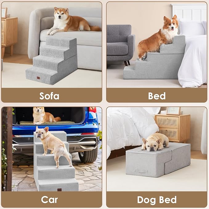 EHEYCIGA Dog Stairs for High Bed 25" H, 5-Step Extra Wide Dog Steps for Bed, Pet Steps for Small Dogs and Cats, Non-Slip Balanced Pet Ramp Indoor, Light Grey