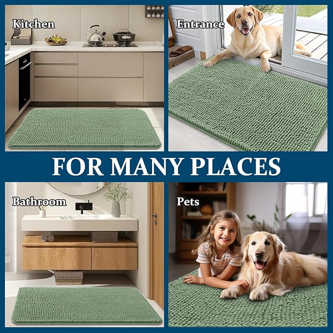 OLANLY Dog Door Mat for Muddy Paws 59x20, Absorbs Moisture and Dirt, Absorbent Non-Slip Washable Doormat, Quick Dry Chenille Mud Mat, Entry Indoor Entryway Carpet for Inside Floor, Olive Green