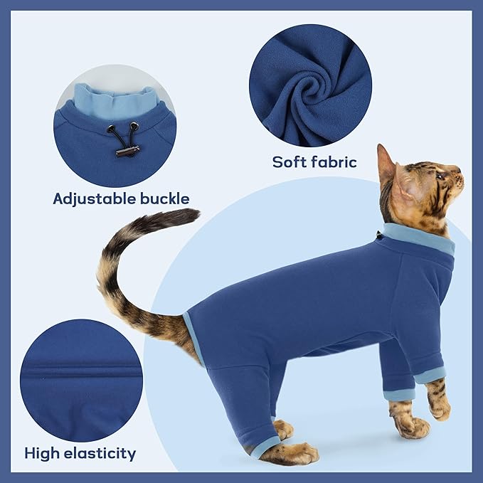 PUMYPOREITY Cat Recovery Suit, Stops Wound Licking After Surgery, Sticky Hair Shirt with Sticky Fabric, Cat Pajamas Prevents Over-Grooming, Blue, S