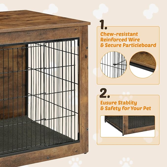 Dog Kennel Furniture, Wooden Dog Crate End Table, Heavy Duty Dog Crate, Decorative Pet Crate Dog Cage for Large Indoor Use (Rustic Brown) 27" L×20" W×23" H