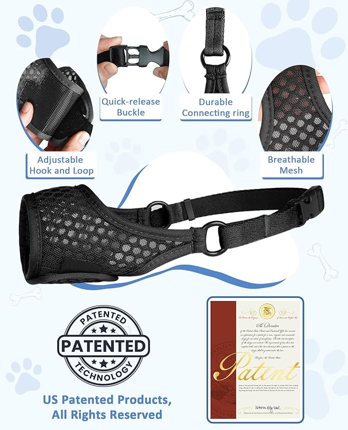 LUCKYPAW Soft Muzzle for Small Medium Sized Dogs, Dog Muzzle to Prevent Biting Chewing, Adjustable Breathable Mouth Guard for Grooming Walking Training(Black, S)