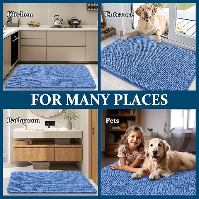 OLANLY Dog Door Mat for Muddy Paws 30x20, Absorbs Moisture and Dirt, Absorbent Non-Slip Washable Doormat, Quick Dry Chenille Mud Mat, Entry Indoor Entryway Carpet for Inside Floor, Cornflower Blue