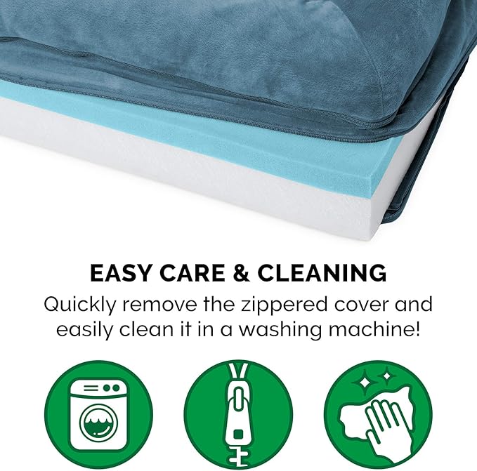 Furhaven Cooling Gel Dog Bed for Medium/Small Dogs w/ Removable Bolsters & Washable Cover, For Dogs Up to 35 lbs - Faux Fur & Velvet Sofa - Harbor Blue, Medium