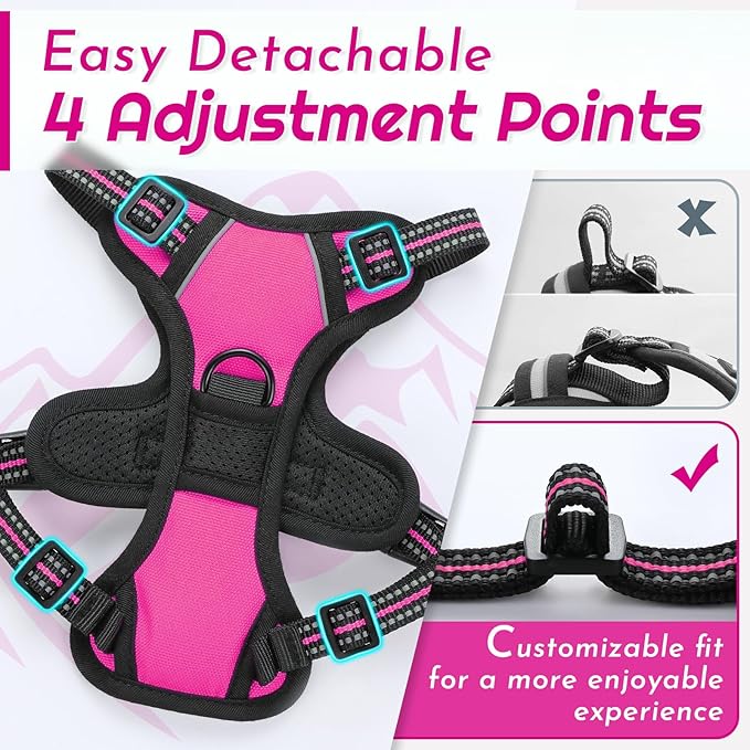 Eagloo Small Dog Harness No Pull, Service Vest with Reflective Strips and Control Handle, Adjustable and Comfortable for Easy Walking, No Choke Pet Harness with 2 Metal Rings, Rose Red, XS