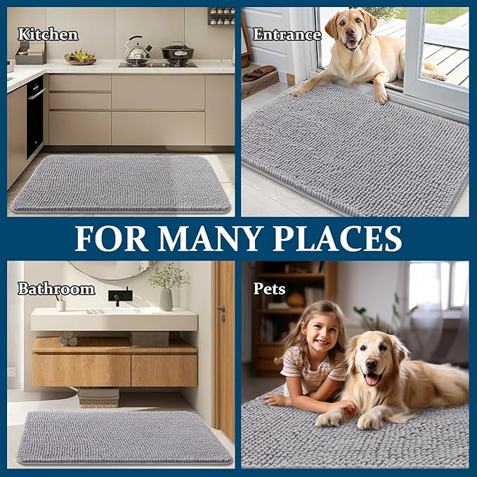 OLANLY Dog Door Mat for Muddy Paws 47x17, Absorbs Moisture and Dirt, Absorbent Non-Slip Washable Doormat, Quick Dry Chenille Mud Mat for Dogs, Entry Indoor Entryway Carpet for Inside Floor, Light Grey