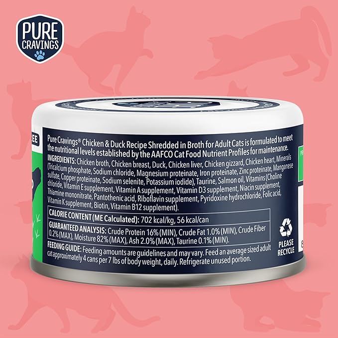 Chicken and Duck Recipe in Broth, Shredded Wet Cat Food, Grain-Free Protein, Non-GMO, 12 Pack