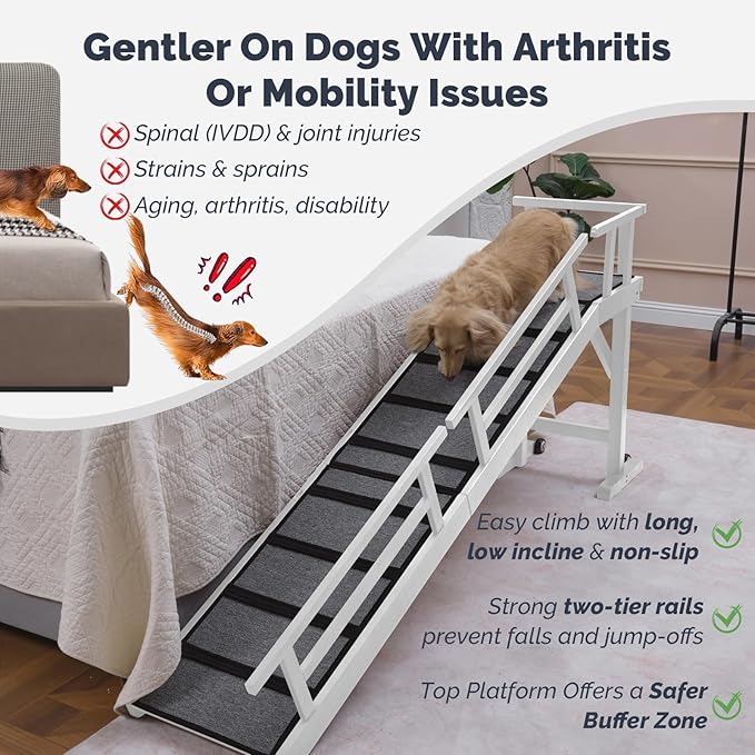 Dog Ramp for Bed or Couch, Wooden Pet Ramp with 20° Gentle Slope, Removable Side Rails, Non-Slip Surface, Top Platform & Wheels, Safe Bed Ramp for Small, Medium & Senior Dogs, 74" Long, White