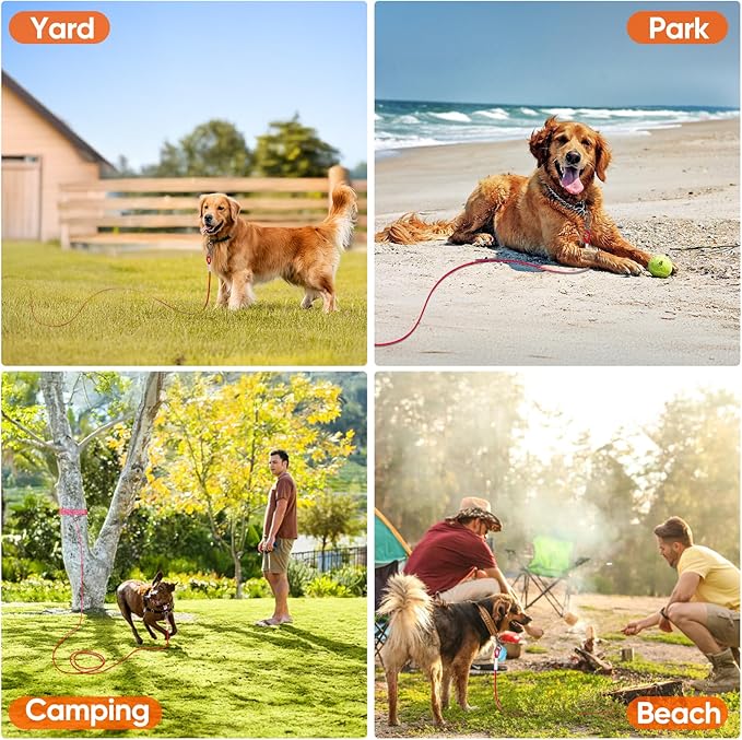 Tresbro 25FT Red Reflective Tie Out Cable for Dogs Up to 125 Pounds, Steel Wire Lead Leash with Stainless Rotatable Buckle, Lightweight and Enduring, Dog Chains Outside for Outdoor,Yard,Camping