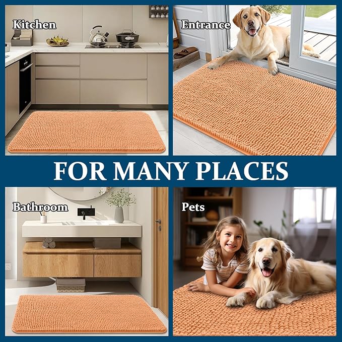 OLANLY Dog Door Mat for Muddy Paws 24x16, Absorbs Moisture and Dirt, Absorbent Non-Slip Washable Doormat, Quick Dry Chenille Mud Mat for Dogs, Entry Indoor Entryway Carpet for Inside Floor, Orange