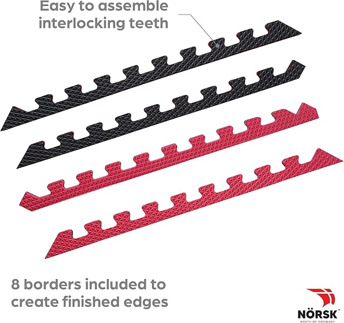 Norsk Reversible Gym Exercise Mats 3/4" Thick EVA Interlocking Foam Tiles, Perfect Gym Flooring for Home Gym, 12 24"x24" Tiles & 24 Trim Pieces, 48 Sq. Ft. Reversible, Red/Black