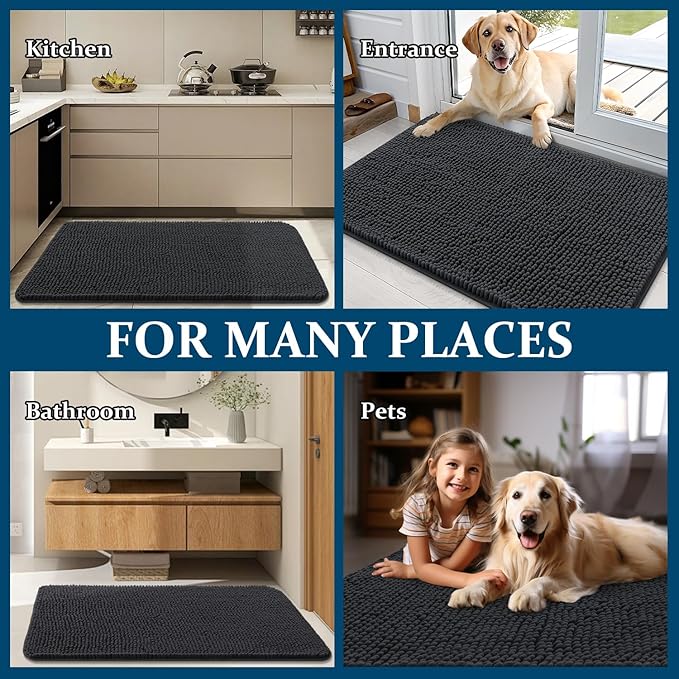 OLANLY Dog Door Mat for Muddy Paws 48x30, Absorbs Moisture and Dirt, Absorbent Non-Slip Washable Doormat, Quick Dry Chenille Mud Mat for Dogs, Entry Indoor Entryway Carpet for Inside Floor, Dark Grey