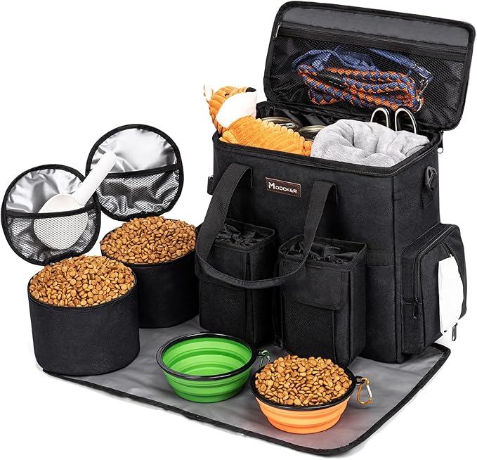 Dog Travel Bag, Airline Approved Pet Travel Bag with 2 Dog Treat Training Pouches for Weekend Pet Travel Supplies & Accessories, Black