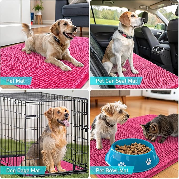 OLANLY Dog Door Mat for Muddy Paws 34x21, Absorbs Moisture and Dirt, Absorbent Non-Slip Washable Doormat, Quick Dry Chenille Mud Mat for Dogs, Entry Indoor Entryway Carpet for Inside Floor, Hot Pink
