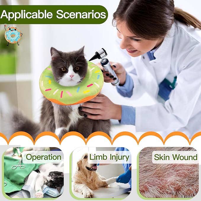 Cat Cone Collar Soft, Cute Cat Donut Collar After Surgery, Adjustable Kitten Recovery Cones to Stop Licking, Lightweight Neck Elizabethan Collars for Cats Kittens (Green, Large)