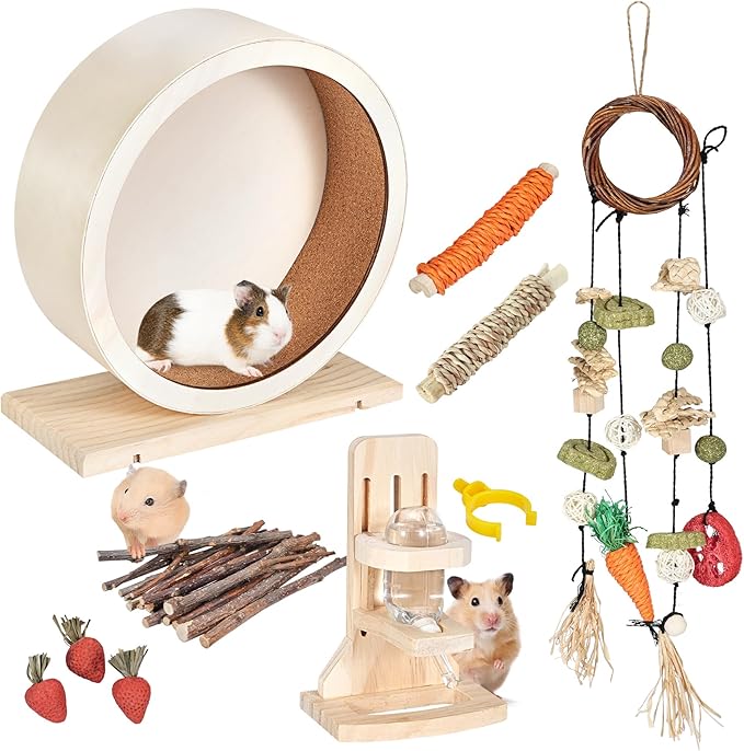 antiai 9.8 Inch Wooden Hamster Exercise Wheel Set,Silent Wheel Quiet Spinner Hamster Running Wheels,Hamster Water Feeder Accessories Chew Toys for Hamsters, Gerbils, Mice and Other Small Pets,9 pcs