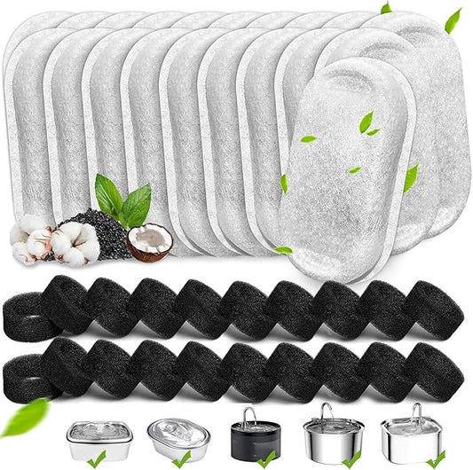 Cat Water Fountain Filters, 40 Pack Cat Replacement Filters for Stainless Steel 108oz/3.2L& 67oz/2L adjustable Flow Pet Water, Dog Fountain Filter（20 + 20 Pack)