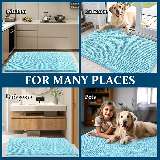 OLANLY Dog Door Mat for Muddy Paws 48x30, Absorbs Moisture and Dirt, Absorbent Non-Slip Washable Doormat, Quick Dry Chenille Mud Mat for Dogs, Entry Indoor Entryway Carpet for Inside Floor, Blue