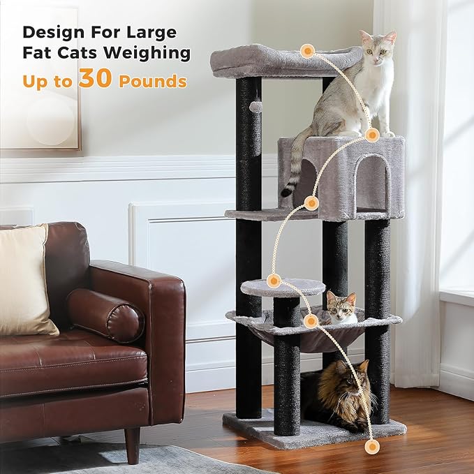 Large Cat Tree with Reinforced Scratching Posts (φ3.1in) for Big Adult Cats 30 lbs, 57.8" Heavy Duty Cat Tower with Larger Hammock and Condo, Cat Furniture for Maine Coon, Plush,Black