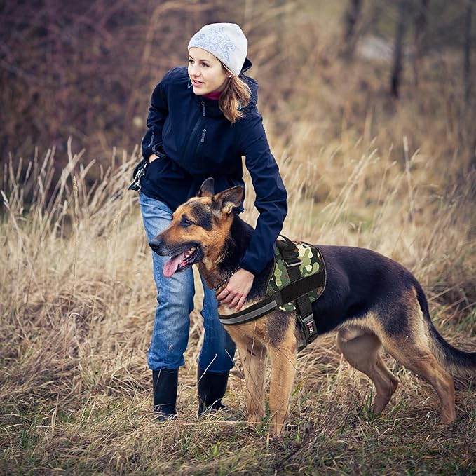 Dogline Dog Harness, Reflective No-Pull Adjustable Vest with Handle, Breathable No-Choke Harness for Small, Medium or Large Dogs Room for Patches Girth 27 to 34 in Green Camo