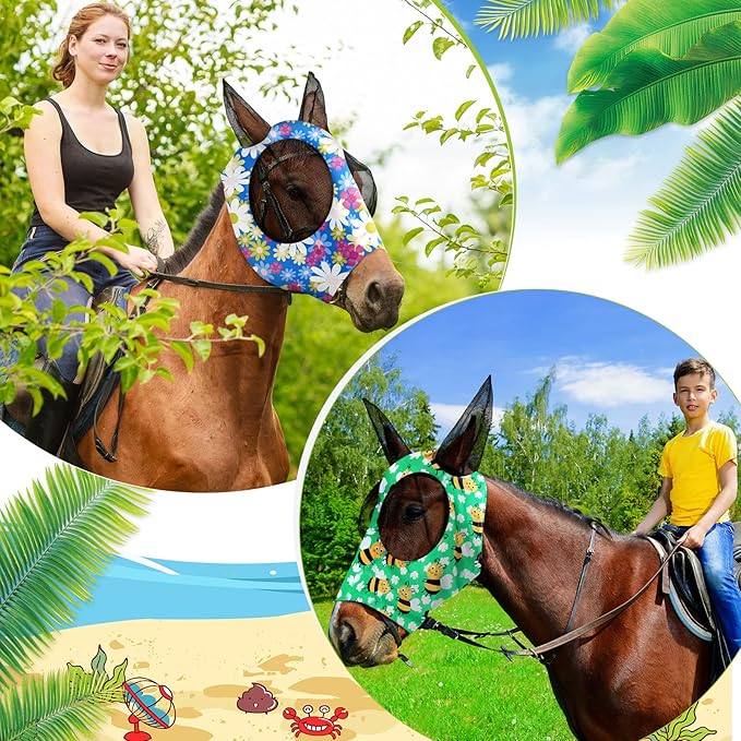 Qualirey12 Pieces Horse Fly Mask Bulk Comfortable Elasticity Mask for Horses with Ears Net UV Protection Breathable Horse Supplies Face Covering for Horse Pony and Foal (Flower Patterns, Medium)