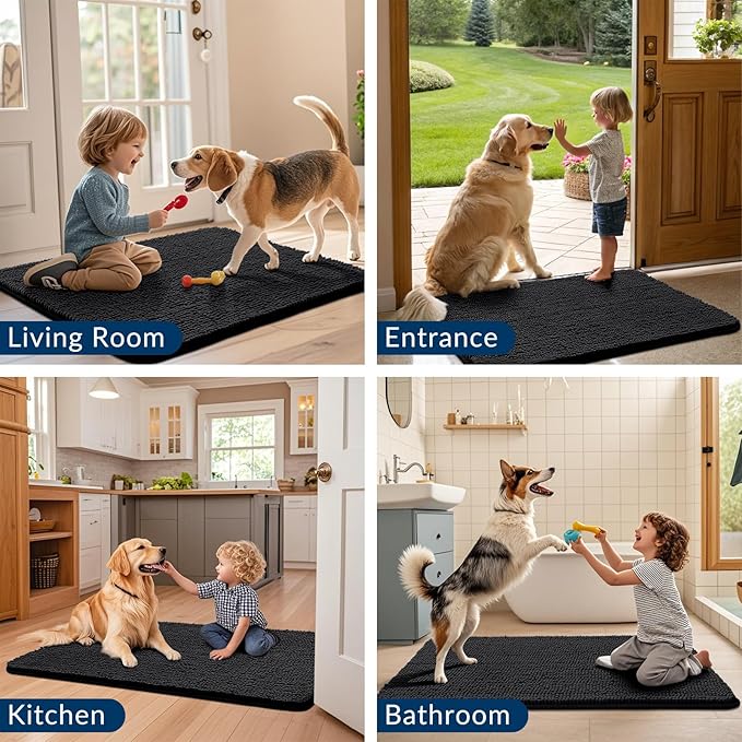 Smiry Dog Door Mat for Muddy Paws 59x35, Absorbs Moisture and Dirt Doormat, Non-Slip Washable Quick Dry Chenille Front Door Mat Indoor Entrance, Entryway Carpet for Inside Floor, Black