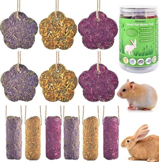 Bissap 12PCS Rabbit Chew Sticks, Hanging Chew Sticks & Cakes Timothy Hay Carrot Strawberry Treat for Bunny Chinchilla Guinea Pig Hamster and Other Small Pets Molar Snack Toy