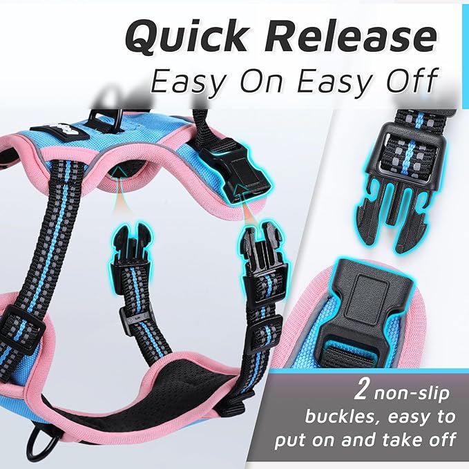 Eagloo Small Dog Harness No Pull, Service Vest with Reflective Strips and Control Handle, Adjustable and Comfortable for Walking, No Choke Pet Harness with 2 Metal Rings, Pink & Blue, XS