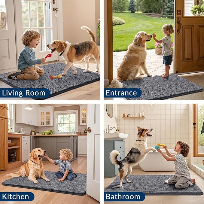 Smiry Dog Door Mat for Muddy Paws 40x32, Absorbs Moisture and Dirt Doormat, Non-Slip Washable Quick Dry Chenille Front Door Mat Indoor Entrance, Entryway Carpet for Inside Floor, Dark Grey
