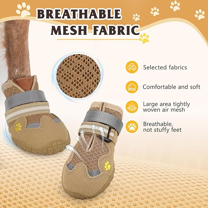 Dog Shoes, FISHOAKY Dog Shoes for Large Dogs, Mesh Breathable Dog Boots & Paw Protectors for Summer Hot Pavement Winter Snowy, 360°Anti Slip 4Pcs Dog Booties with Reflective Khaki (Size 4)