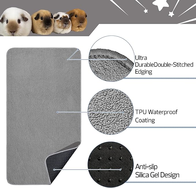 Guinea Pig Cage Liner, 4 Pack - Washable, Reusable, Leakproof Fleece Bedding Pads for Small Animals with Anti-Slip Bottom - for C&C 12''X12'' Area, Gray