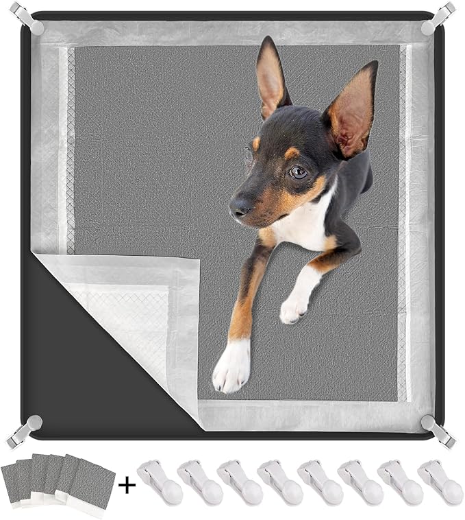 Dog Pee Pad Holder, Puppy Pad Holder Tray for 24'' x 24'' Training Pads, 15pcs Dog Potty Tray Set Include High Edge Silicone Mat & 6 Activated Charcoal Disposable Puppy Pads & 8 Holder Clamps