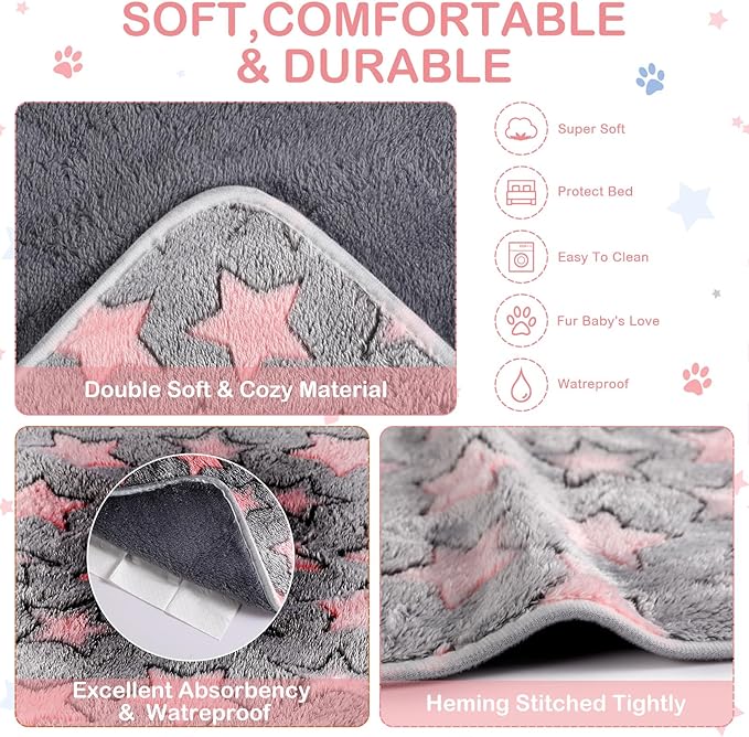 Reginary 4 Pcs Waterproof Guinea Pig Blankets Washable Small Animal Fleece Bedding Absorbent Guinea Pig Cage Liners Reusable Pet Pee Pad Sleep Mat for Hamster Ferret(Cute Star Pattern,35 x 24 Inch)