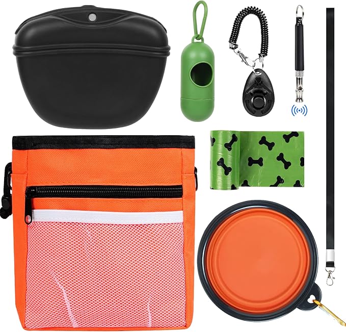 Dog Treat Pouch Pet Training Kit - Silicone Treat Bag Magnetic Closure, Puppy Training Clicker, Dog Whistle, Dog Water Bowls, Poop Bags & Holder, 4 Ways to Wear Walking Fanny Pack - Orange