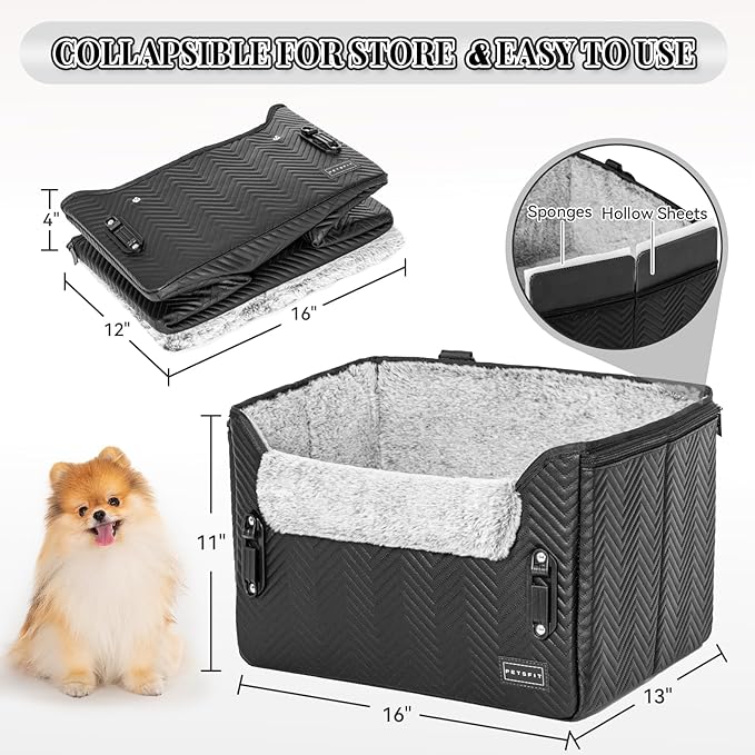 PETSFIT Small Dog Car Seat, Waterproof PU Leather Dog Carseat with Patent Safe Buckles, Clip-On Leash, Car Seat for Dogs, Cats Up to 25 lbs (Glossy Black)