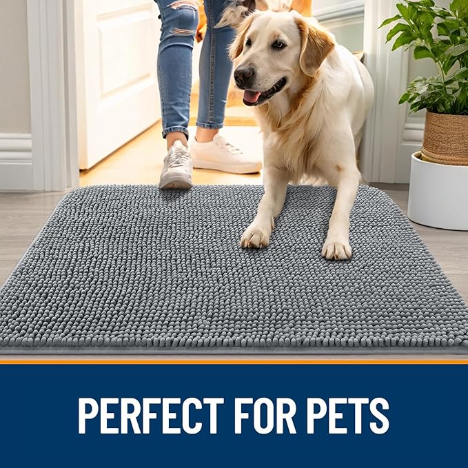 OLANLY Dog Door Mat for Muddy Paws 47x20, Absorbs Moisture and Dirt, Absorbent Non-Slip Washable Doormat, Quick Dry Chenille Mud Mat for Dogs, Entry Indoor Entryway Carpet for Inside Floor, Grey