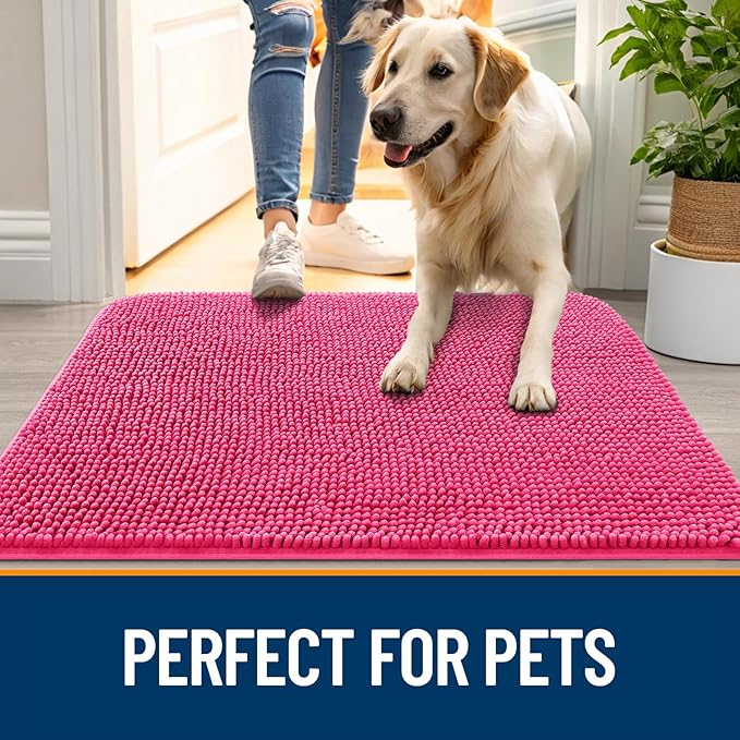 OLANLY Dog Door Mat for Muddy Paws 70x35, Absorbs Moisture and Dirt, Absorbent Non-Slip Washable Doormat, Quick Dry Chenille Mud Mat for Dogs, Entry Indoor Entryway Carpet for Inside Floor, Hot Pink