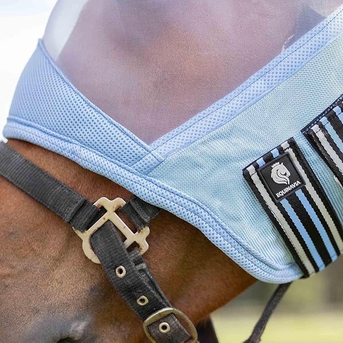 Equinavia Algard Soft Mesh Horse Fly Mask with Ear Protection and 45 UPF Rating | No Eye Irritation & UV Protection - Light Blue - Warmblood