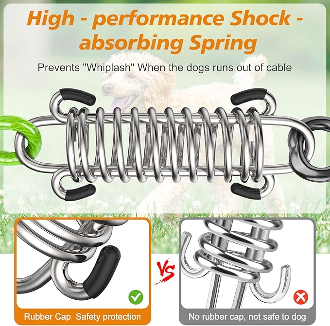 Tresbro 30 FT Dog Tie Out Cable with Spring, Shock Absorbing Tether Chains for Outside Aavilable in 10/15/20/25/30/40/50/70/100/120 FT, Heavy Duty Leads for Yard for Medium & Large Dogs Up to 500 LBS