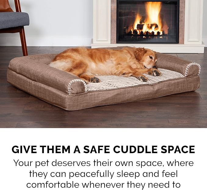 Furhaven Cooling Gel Dog Bed for Medium/Small Dogs w/ Removable Bolsters & Washable Cover, For Dogs Up to 35 lbs - Luxe Faux Fur & Performance Linen Sofa - Woodsmoke, Medium