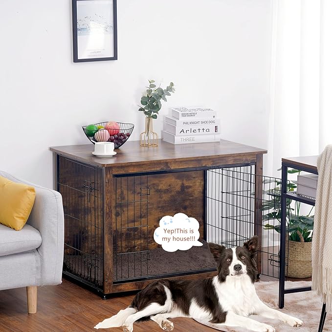 DWANTON Dog Crate Furniture with Cushion, Wooden Kennel Table with Double Doors, Indoor Dog House, Large Size, 38.5" L, Rustic Brown