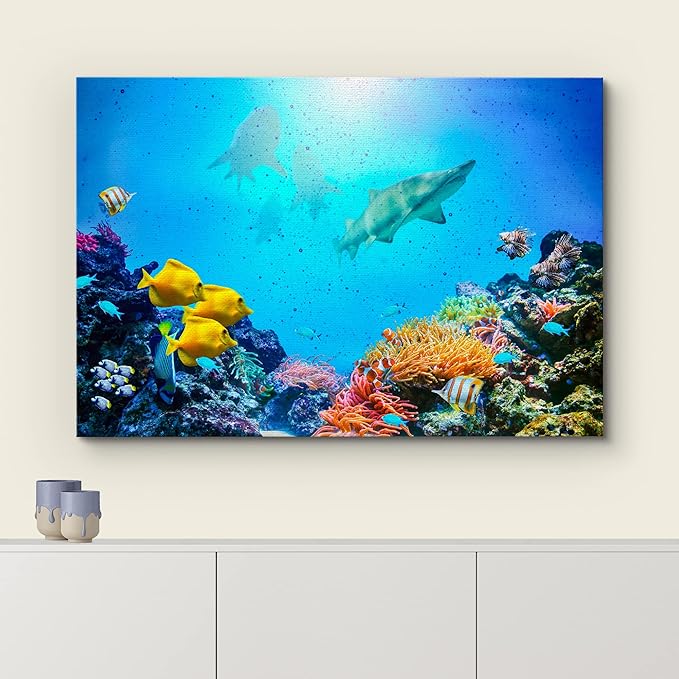 wall26 Canvas Print Wall Art Vibrant Coral Reef Shark Fish Anemone Reef Nature Animals Photography Realism Rustic Scenic Landscape Wilderness Earth for Living Room, Bedroom, Office - 24"x36"