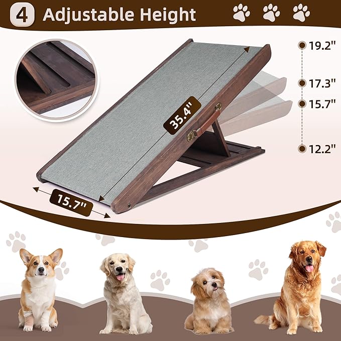 Folding Dog Ramp for Bed, Couch, Car, SUV & RV - Adjustable 4 Heights (12.2"-19.2"), 35.4" Long Wooden Pet Ramp with Non-Slip Mat & Safety Rails - Supports Pets up to 200 lbs