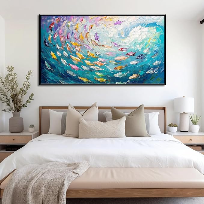 Fish Canvas Wall Art, Abstract School of Fish Canvas Wall Art, School of Fish Painting Canvas, School of Fish Wall Art, Fish Wall Decor, Fish Pictures Wall Decor, Bedroom Canvas Wall Decor (Gold Framed, 36"x20" | 92x52cm)
