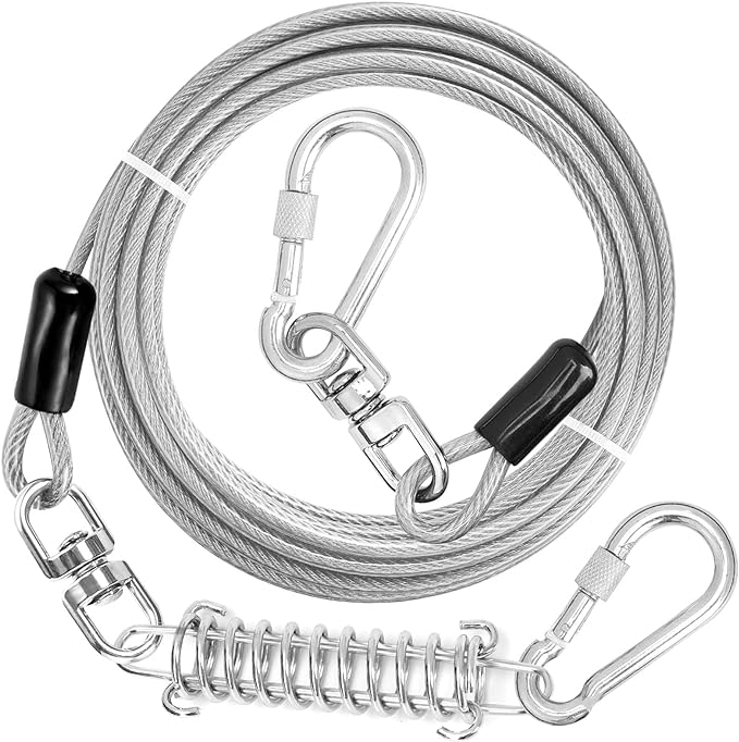 jenico Dog Tie Out Cable - 25ft Dog Lead for Yard - Heavy Duty Dog Chain with Shock Spring - Outdoor Tether Leash for Small Large Dogs Up to 500 lbs
