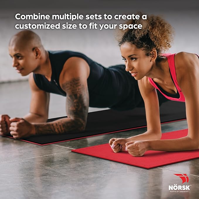 Norsk Reversible Gym Exercise Mats 3/4" Thick EVA Interlocking Foam Tiles, Perfect Home Gym Flooring, 20 Tiles & 40 Trim Pieces, 80 Sq. Ft. Reversible, Red/Black