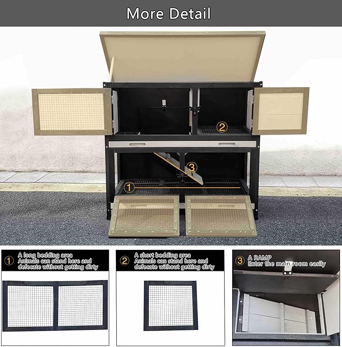 Double Level Solid Wood Rabbit Hutch Small Animal Cage for Rabbits, Guinea Pigs, Hedgehogs & Lizards Indoor/Outdoor– 2-Tier Eco-Friendly Habitat with Bedding Area, Durable & Easy to Clean