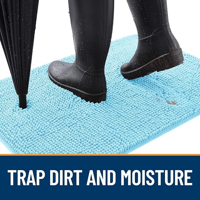 OLANLY Dog Door Mat for Muddy Paws 36x24, Absorbs Moisture and Dirt, Absorbent Non-Slip Washable Doormat, Quick Dry Chenille Mud Mat for Dogs, Entry Indoor Entryway Carpet for Inside Floor, Blue