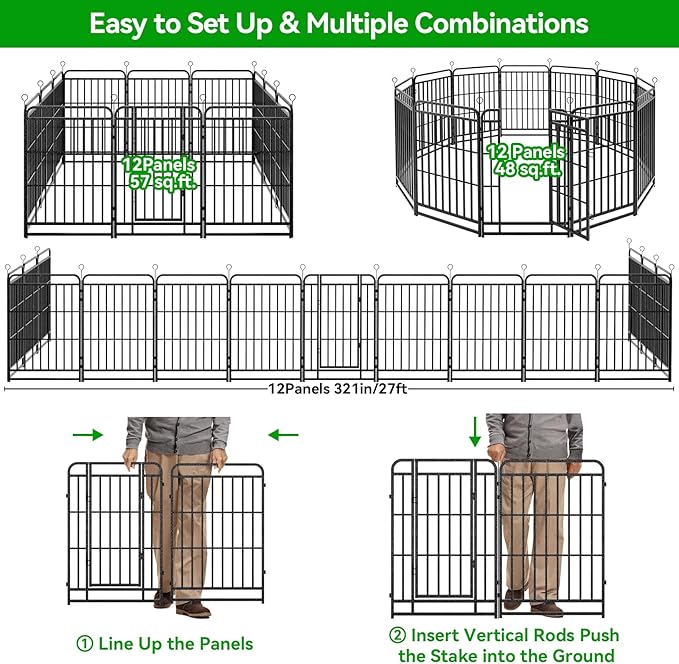 Dog Playpen Outdoor 12 Panels Heavy Duty Dog Fence 40" Height with Thick Pipe Anti-Rust with Doors Portable for RV Camping Yard, Total 27FT, 57 Sq.ft, Snowy Black