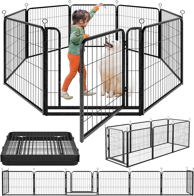 Dog Playpen Outdoor Extra Wide 8 Panels Heavy Duty Dog Fence 32" Height Anti-Rust with Doors Portable for RV Camping Yard, Total 21FT, 35 Sq.ft, Snowy Black